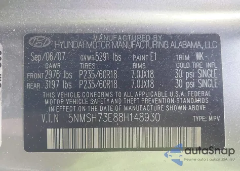 2008 Hyundai Santa Fe Limited/Se из США, поврежденный, VIN 5NMSH73E88H148930